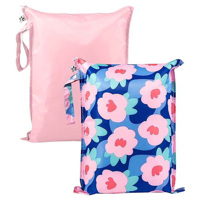Tiny Twinkle Wet Dry Bag – 2 Pack Reusable Waterproof & Mess Proof Wet Bags for Swimsuits & Travel, Baby Towels & Beach Essentials,a Diaper Bag Must-Have(Blue Floral)