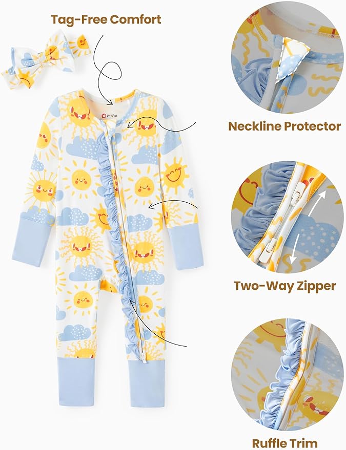 PATPAT Baby Girl Boy Clothes Newborn Infant Footie – Soft Viscose from Bamboo– 2-Way Zipper, Fold-Over Mitten, Ruffle Trim
