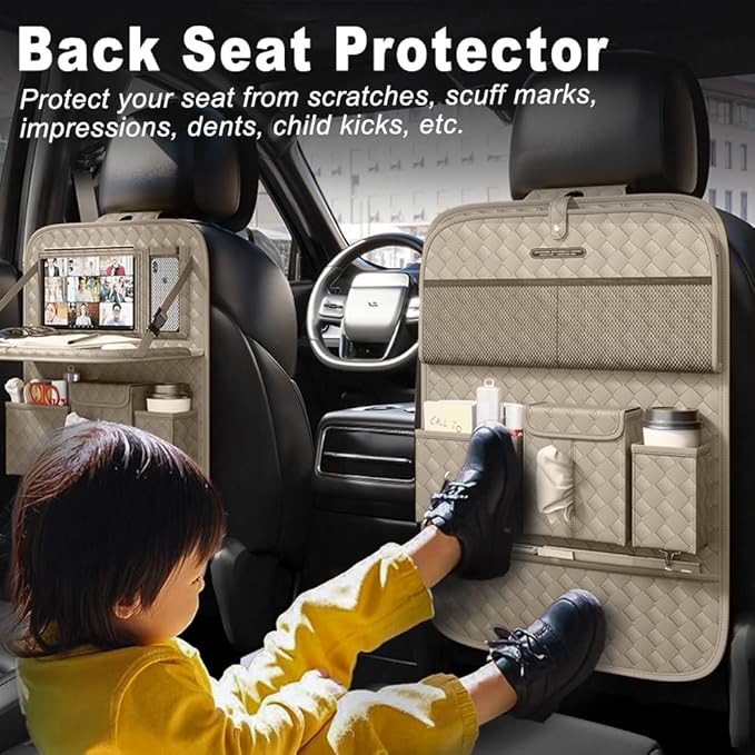 Car Seat Organizers,Multi-functional Back Seat Protectors, Storage Pouches, and Tray Holders (for Cars, Kids, Seat Back and Rear Seats) (Woven Beige, 1 Pcs)
