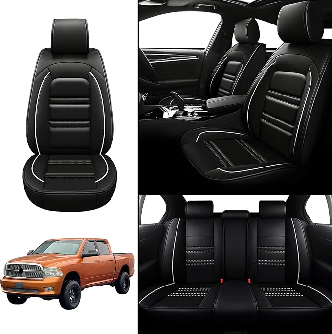 Seat Covers for Dodge ram 2004-2011 | 5-Seats Leather Seat Covers, Easy to Install Automotive Seat Covers Full Set (Full Set, Black&White Line)