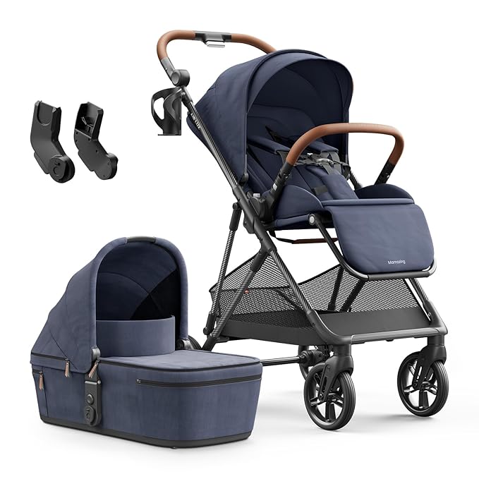 MAMAZING Air Lux Baby Stroller with Bassinet & Infant Car Seat Adapter, Lightweight Compact Carbon Fiber Frame, One-Hand Fold, Reversible Seat, Space-Saving Storage