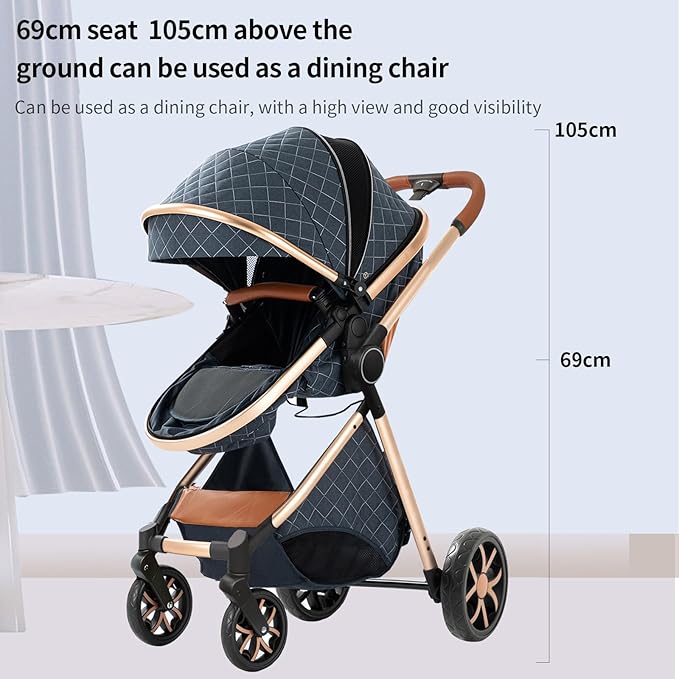 2 in 1 Baby Stroller with Bassinet Mode, Reversible Infant Pram, One-Click Folding, Newborn Travel Stroller, Convertible Toddler Standard Pram Carriage (X2US-Blue)