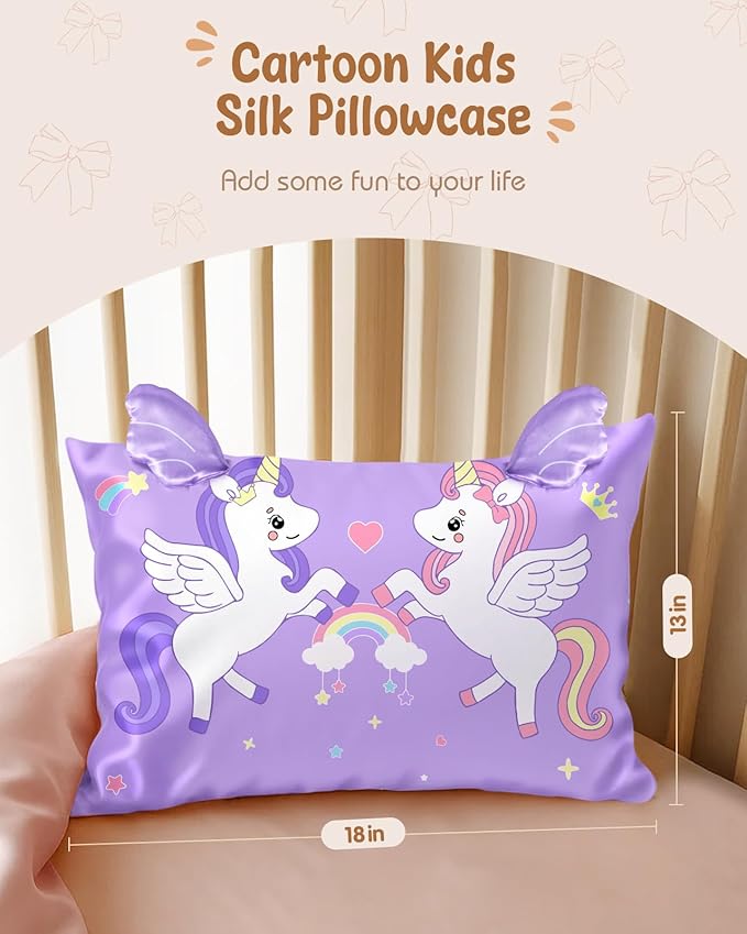 Toddler Pillowcases 13"x18" for Kids - Cute Cartoon Soft Breathable Silk Pillow Cases for Hair and Skin with Hidden Zipper for Girls Fun Kawaii Design for Bedding, Two Unicorns