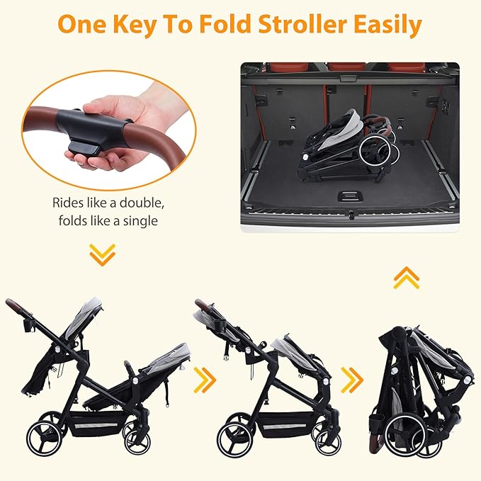 Tandem Double Stroller Newborn and Toddler, Foldable Twin Stroller with Reversible Seat, 5-Point Safety Harness, Adjustable Backrest & Canopy, Storage Basket, Light Grey