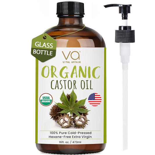 Pure Castor Oil Organic Cold Pressed Unrefined Glass Bottle-USDA Certified for Castor Oil Pack Wrap for Face,Hair Growth,Eyelashes,Eyebrows-16oz