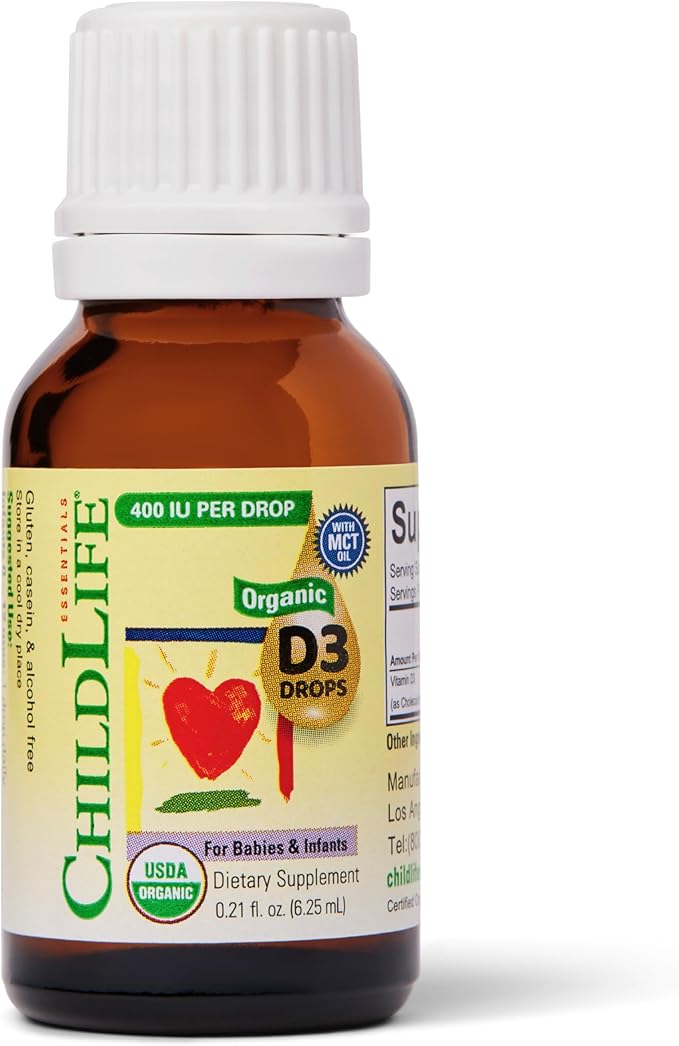 CHILDLIFE Essentials Organic Vitamin D3 Drops for Infants & Newborns - Baby Vitamin D Drops, 400 IU per Liquid Drop, Immune & Bone Health Support, USDA Organic, Flavorless - 0.21 Fl Oz (1 Pack)