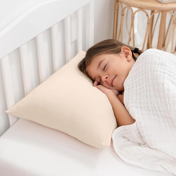 Comfy Cubs Toddler Pillow with Muslin Pillowcase, 13 x 18 in, 2 Pack - Travel and Sleep Support for Kids - Lightweight, Breathable Microfiber Fill - Soft and Cozy Small Pillow for Toddlers - Cream