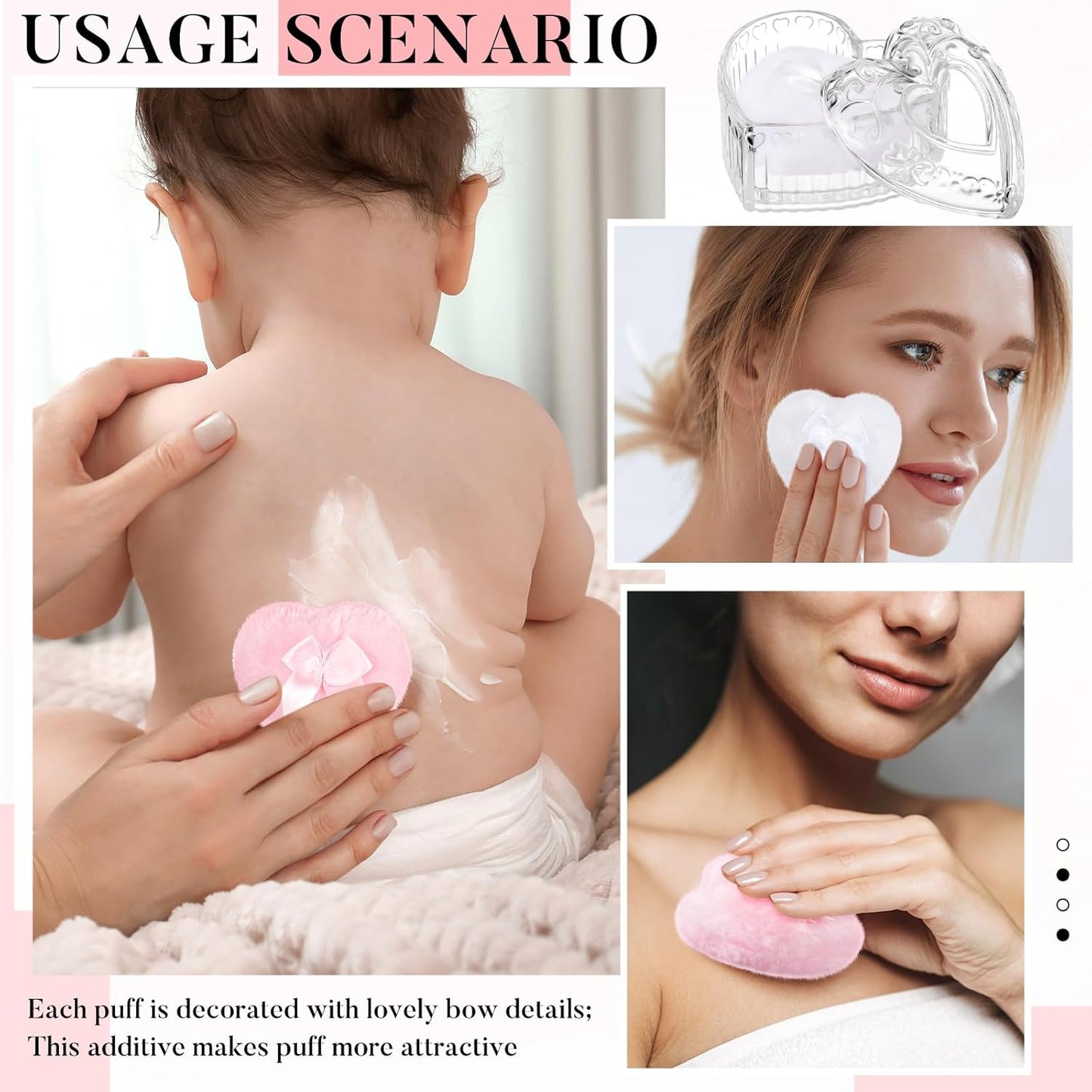 Tioncy 3 Pcs Large Body Powder Puff and Powder Container with Puff Crystal Container Soft Washable Reusable Velour Face Body Glitter Wet Dry Makeup Heart (Clear)