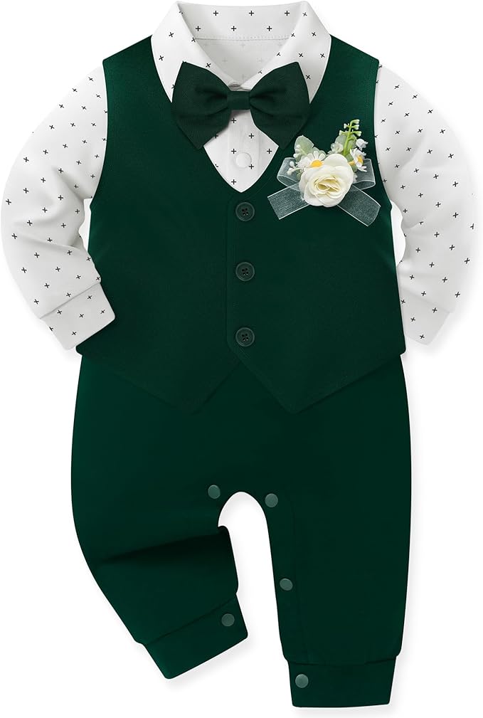 Baby Boy Clothes Gentleman Baby Suit Long Sleeve Romper+Vest+Bow Tie+Corsage 4Pcs Boys Formal Jumpsuit