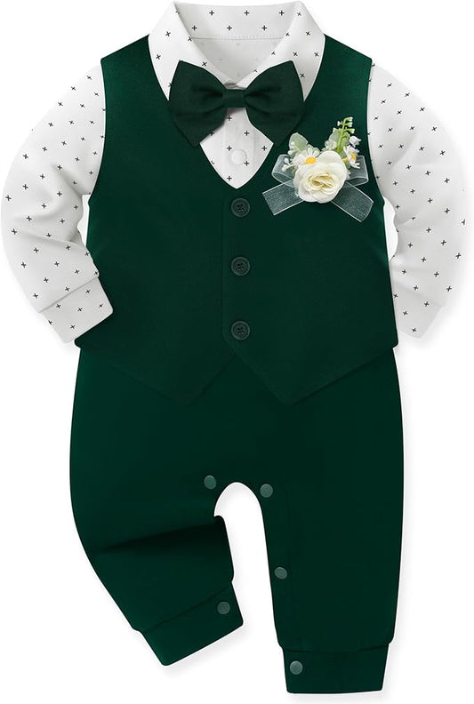Baby Boy Clothes Gentleman Baby Suit Long Sleeve Romper+Vest+Bow Tie+Corsage 4Pcs Boys Formal Jumpsuit