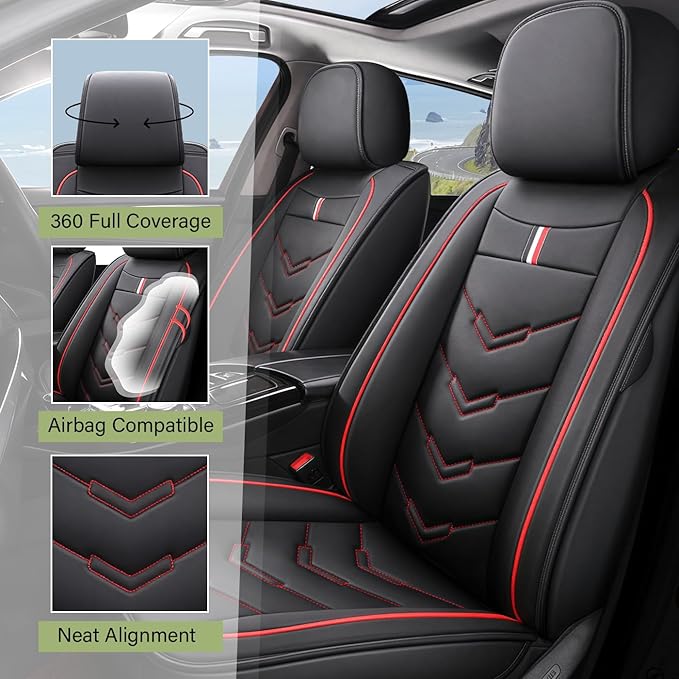 Leather Car Seat Covers Fit for LR Range Rover 2022-2025, 5 Seater Waterproof and Wear-Resistant Seat Cover Interior Accessories(Full Set,Black&Red)