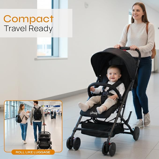 Jovial Lightweight Travel Baby Stroller with One-Hand Easy Fold, Compact Portable Baby Stroller for Everyday Use and Family Travel, with Canopy, Basket, and Included Storage Bag