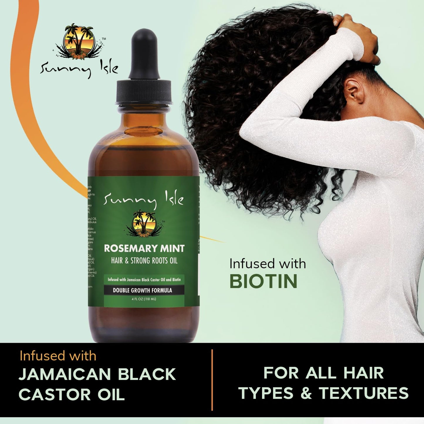 Sunny Isle Rosemary Mint Hair and Strong Roots Oil 4oz | Infused with Biotin & Jamaican Black Castor Oil | Strengthen and Nourish Hair Follicles | Dry Scalp, Split Ends