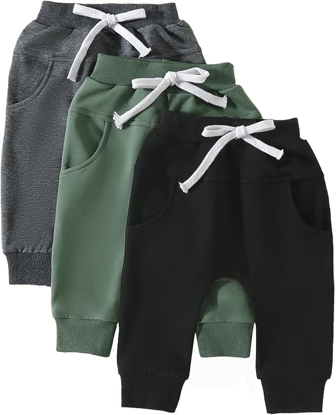 Sejardin Toddler Baby Boy Girl Pants 3 Pack Solid Color Elastic Waist Jogger Sweatpants Newborn Infant Casual Bottoms