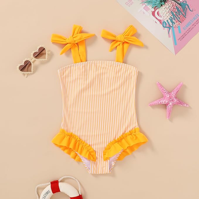 Happy Town Toddler Swimsuit Girl Solid Color Stripe One-Piece Baby Bathing Suits