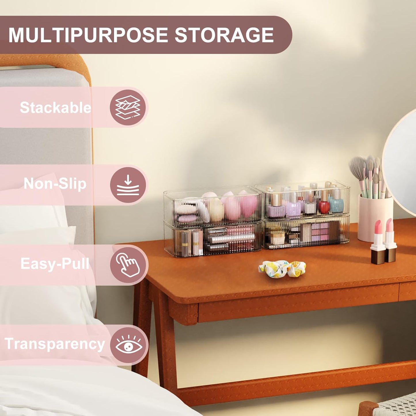 4 Pack Stackable Storage Drawers, Clear Acrylic Makeup Organizer for Vanity, Plastic Storage Bins, Multi-Purpose Cosmetic Display Organizers for Jewelry, Bathroom, Office, Pantry, Home Organization