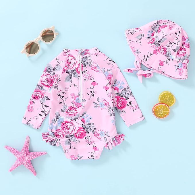 Infant Baby Girl Swimsuit One-Piece Long Sleeve Rash Guard with Hat Set Floral Zipper Bathing Suit Leopard Beach Wear