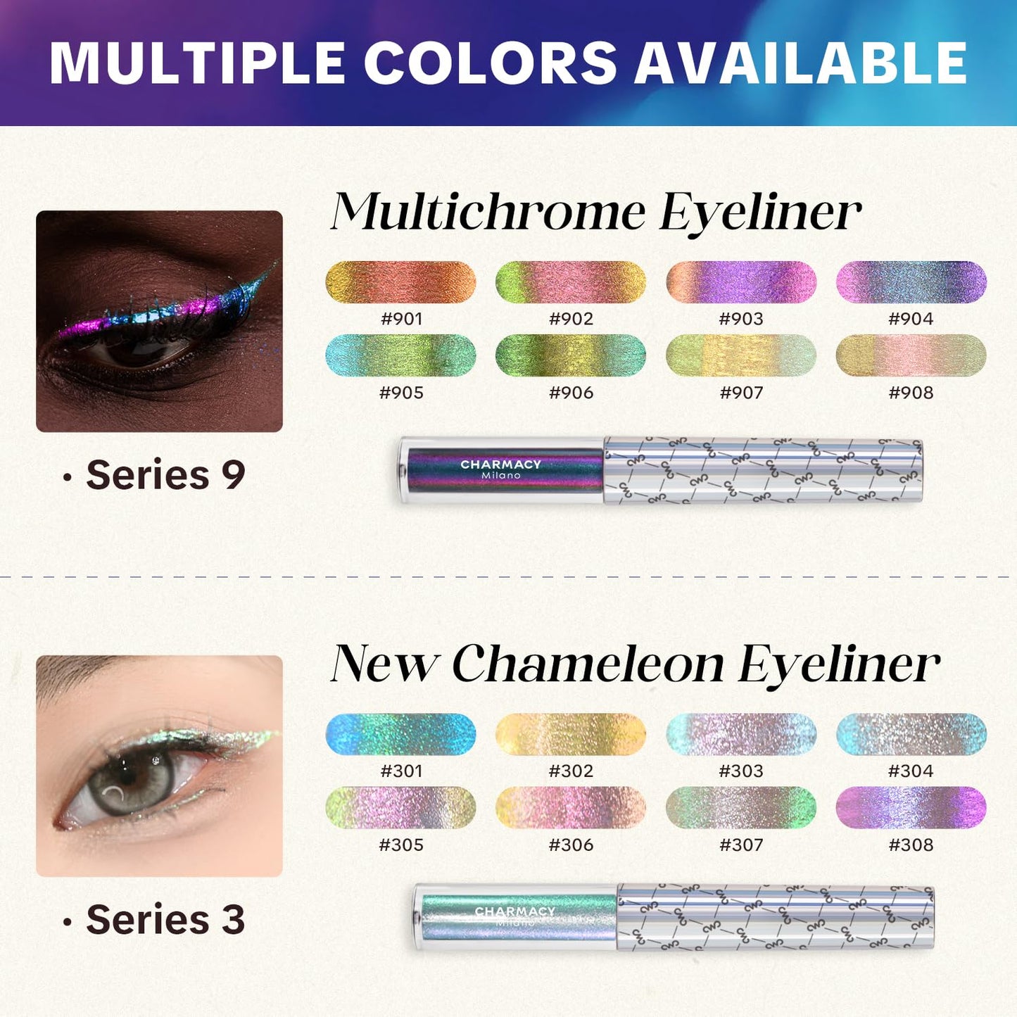 CHARMACY Chameleon Liquid Eyeliner, Liquid Glitter Eyeliner, Highly Pigmented, Metallic MultiColor Shifting waterproof Eyeliner, Ultra-Fine Tip, Longwearing, Smudge-proof (#301)