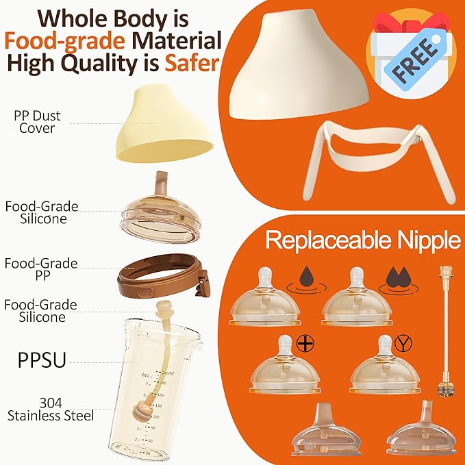 PPSU Baby Bottle, Bottles for Breastfed Babies with Handles and Straw, Flip-top Anti-Colic Baby Bottles 8oz/240mL 6-12 Months