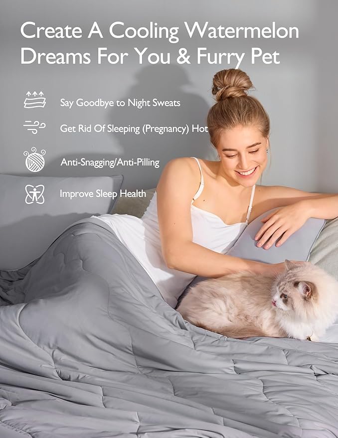 Momcozy Life CoolMurm Cooling Comforter for Hot Sleepers, Full/Queen 90"x90" Soft Breathable Pregnancy Cooling Blanket, 3-Second Cooling, 8 Hours+ Stay Cool All Night, Grey Sky Blue
