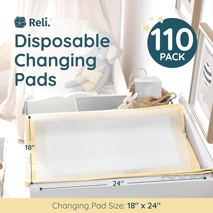 Reli. Disposable Changing Pads for Baby (110 Pack) | 18" x 24" Disposable Diaper Changing Pads, Large | Super Absorbent, Leak-Proof Liners | Waterproof, Quick Dry Underpads (White)