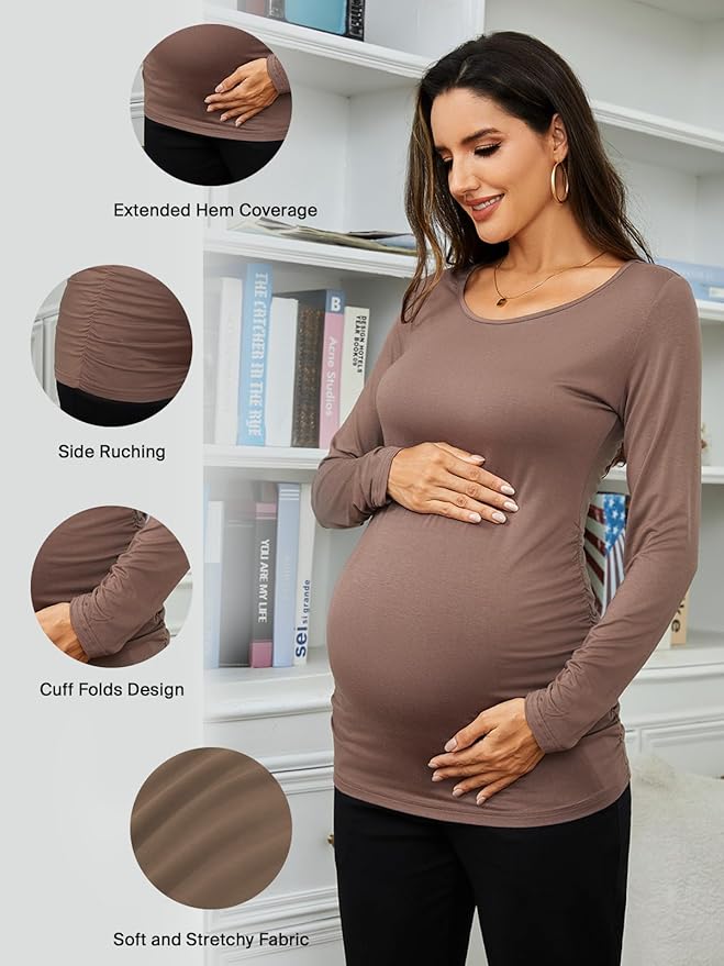 Ecavus Women's Maternity Shirts Long Sleeve Soft Stretchy Pregnancy Tops Side Ruched Casual Mama Clothes