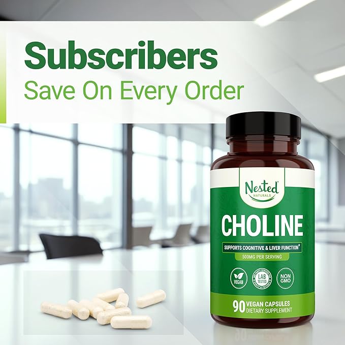 Nested Naturals Choline Bitartrate 500mg - High Potency Choline Supplements - Supports Cognitive Performance & Liver Function - 100% Vegan & Non-GMO Choline - 3-Pack (270 Vegan Capsules)