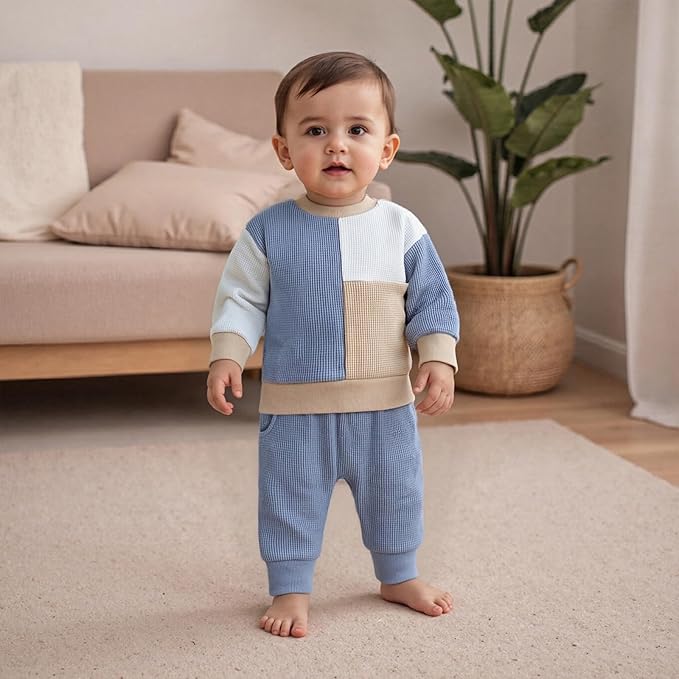 Toddler Baby Boy Fall Clothes Waffle Outfit Long Sleeve Color Blocking Sweatshirt Pullover Jogger Pant Set