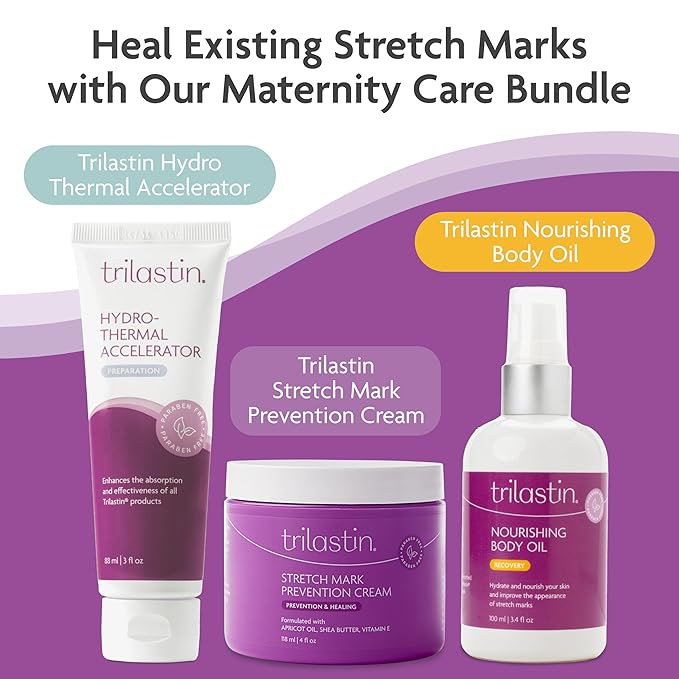 TriLASTIN Maternity Stretch Mark Prevention Cream - 4 Fl Oz Each, 2 Pack - Hypoallergenic & Paraben Free Pregnancy & Postpartum Skincare - Prenatal Formula to Prevent Marks & Baby Essentials