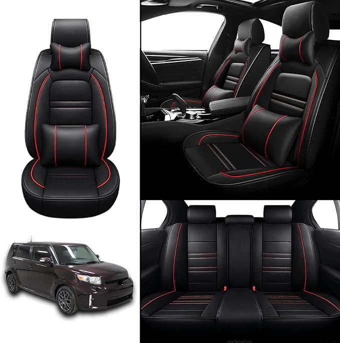 Car Seat Covers for Scion xb 2004-2015 | 5-Seats Seat Covers, Waterproof Seat Protectors, Automotive Seat Covers (Full Set with Pillow,Black&Red Line)