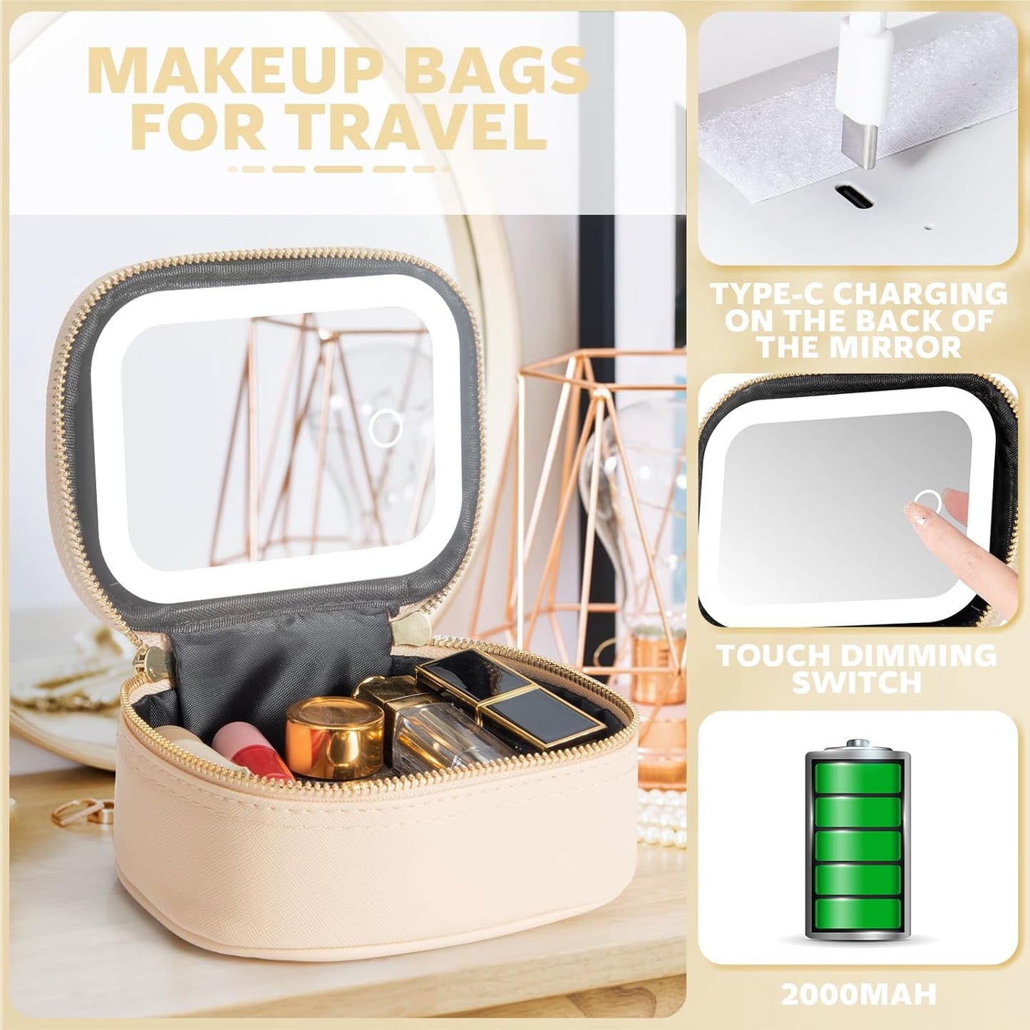 Small Makeup Bag Travel Train Case with Mirror and Light Mini Travel Small Make up for Women Train Case Cosmetic Organizer 3 Adjustable Brightness Toiletry Bag Portable Artist Storage