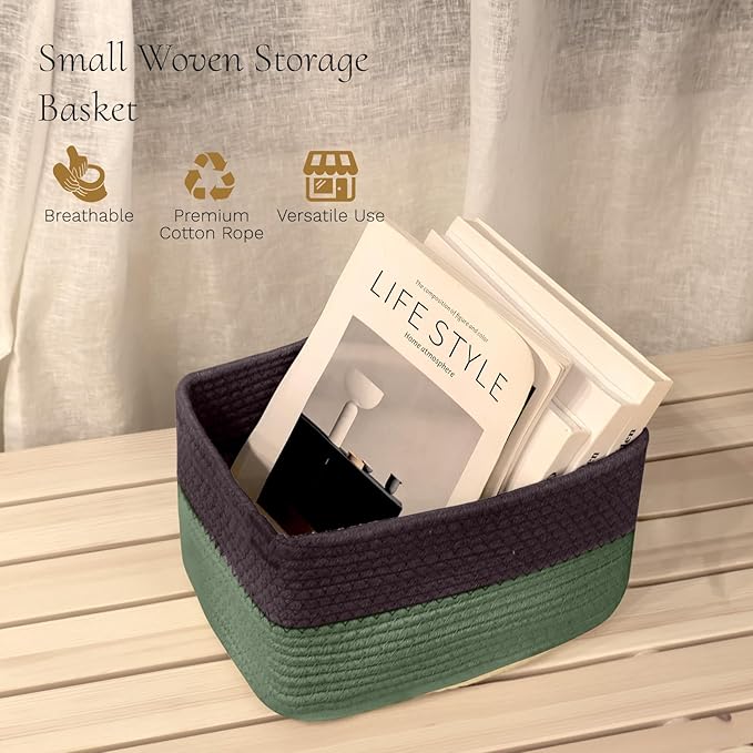 Hopegiver 3 Pack Storage Baskets for Organizing with Handle, Woven Baskets for Shelves - Durable Gift Basket for Cloth Toys Books Baby, Cotton Rope Basket for Dog Cat, 11x8x7 Inch(Brown&Green)