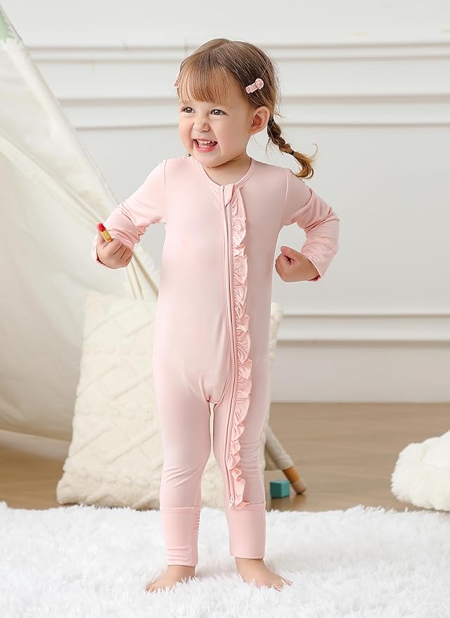 JunNeng Baby Girl Viscose from Bamboo Sleeper with Mitten Cuffs, 2 Way Zipper Romper, Sleep N' Play Pajamas 0-18 Months