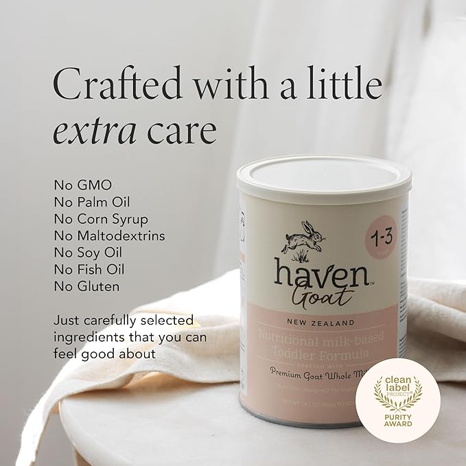 Haven Goat Toddler Formula, Grass Fed Whole Goat Milk Powder for Toddlers With Probiotics, Prebiotics, Lutein and Omega 3 Dha, Easy Digestion Formula, Non GMO, American Made, 14.1 Oz