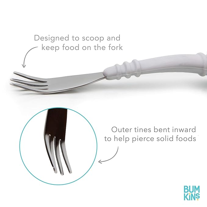 Bumkins Toddler Utensils, Kids Size Fork and Spoon Set, Silicone and Stainless-Steel Training Silverware, Angled Forks / Sporks for Self-Feeding, Children Hold Learning to Eat, 18 Months Up, Blue