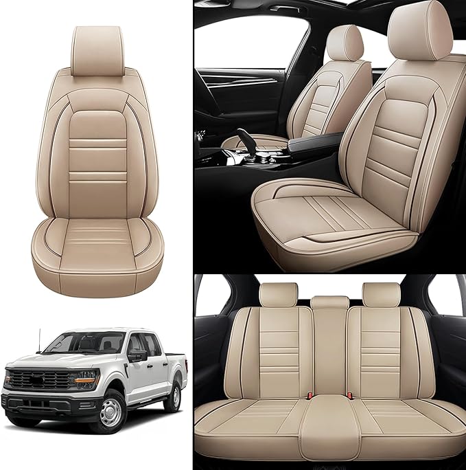 Seat Covers for Ford f150 2003-2025 | 5-Seats Leather Seat Covers, Easy to Install Automotive Seat Covers Full Set (Full Set, Beige)
