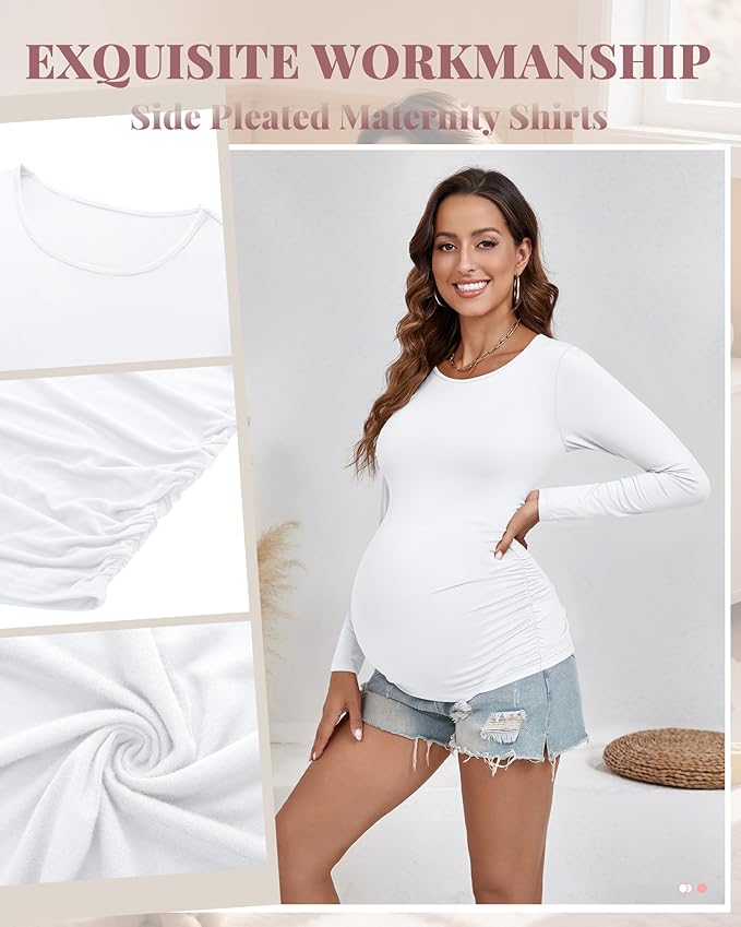 Ficerd 3 Pack Women's Maternity Shirts, Long Sleeve Side Ruched Pregnancy Tee Tops Crew Neck Casual Mama Clothes Basic Tunic