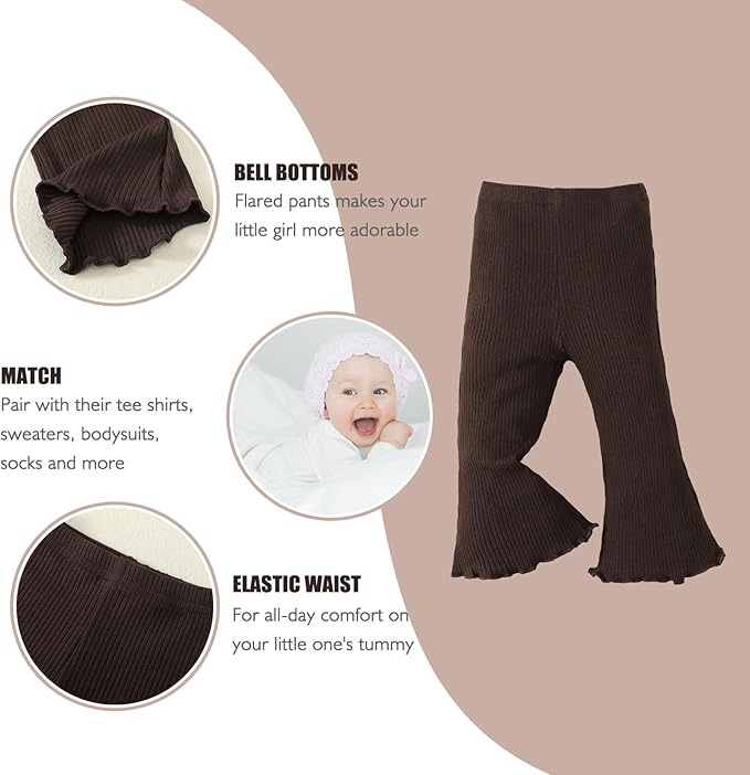 SOBOWO Baby Girl Flare Pants 3 Pack Toddler Solid Ribbed Ruffle Bell Bottoms Pants Trousers Fall Outfits