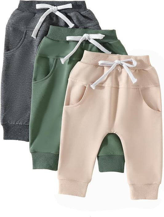 Sejardin Toddler Baby Boy Girl Pants 3 Pack Solid Color Elastic Waist Jogger Sweatpants Newborn Infant Casual Bottoms