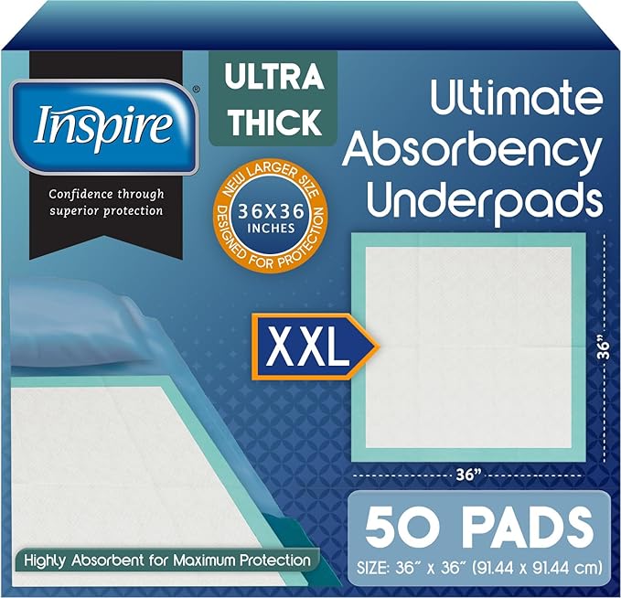 Inspire Extra Large Super Absorbent Disposable Bed Pads for Incontinence Ultra Thick and Absorbent Bed Pads Disposable Adult | Puppy Pads | Pee Pads for Adults (36" X 36" Pack of 50)