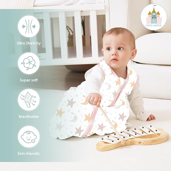 Cute Castle Baby Sleep Sack 6-12 Months - Lightweight 100% Cotton 2-Way Zipper TOG 0.5 Infant Wearable Blanket, Newborn Essentials Toddler Sleep Clothes, 3 Pack(Pink, Moon, Stars)