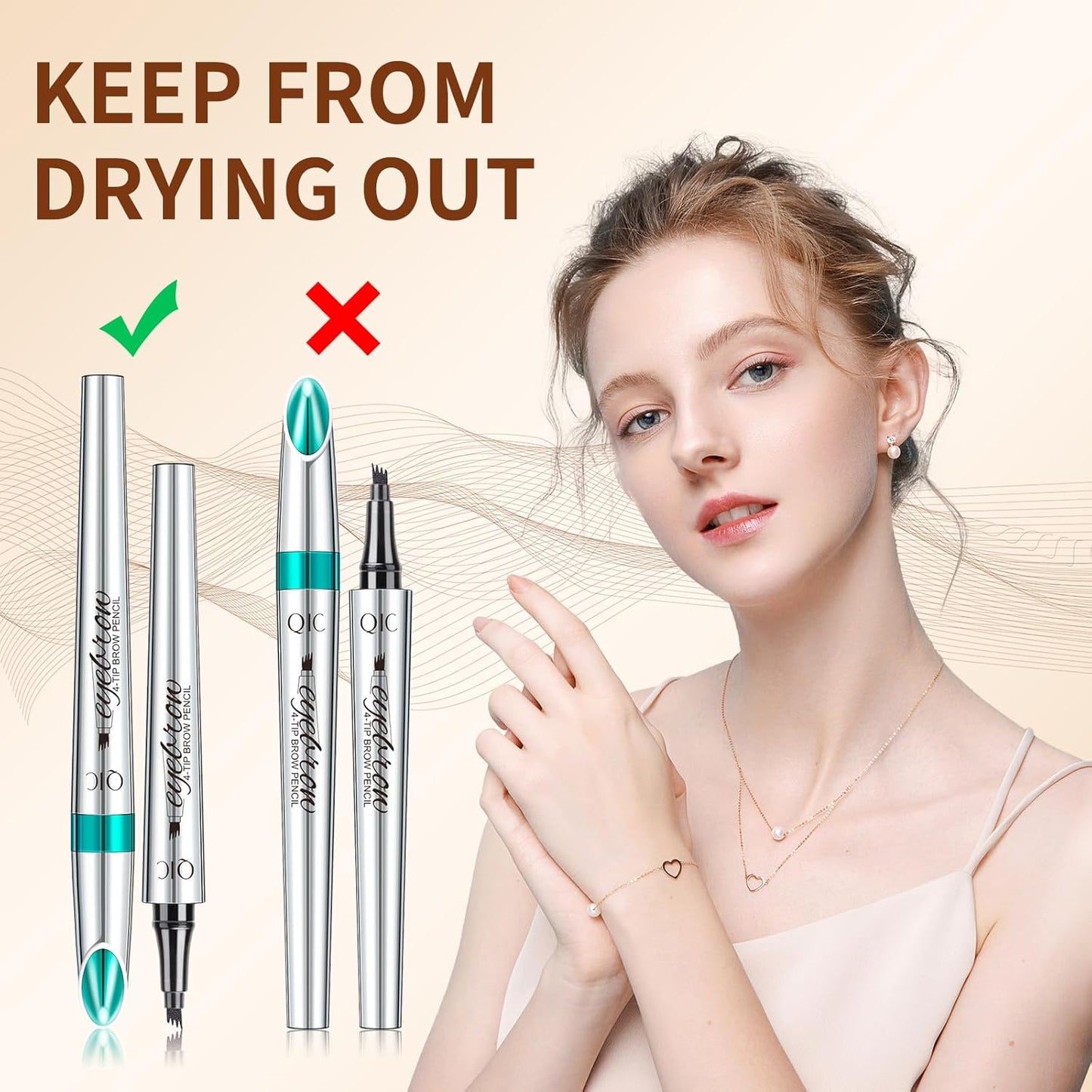 QIC Eyebrow 4 Tip Brow Pencil, Microblading Pen Waterproof Long-Lasting with Upgrade Micro-Fork Tip Applicator for Natural Brows (Reddish Brown-03)