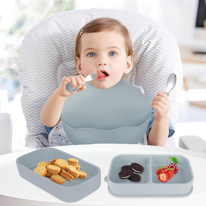 Travel Silicone Baby Feeding Set with 316 Stainless Steel Spoon & Fork,Silicone Suction Plates, Foldable Bib, Storage Bag - Portable Infant Toddler Utensils, 6-Piece BPA-Free Dishware Kit（gray）