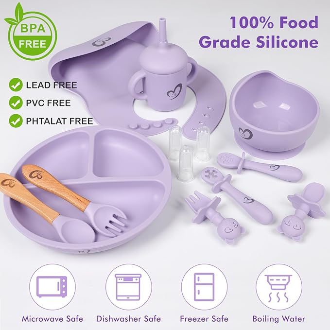 Silicone Baby Feeding Set Essentials,13 Pcs,Baby Led Weaning Supplies, Baby Spoons Suction Bowl Divided Plate Bib Cup Finger Brush,First Stage Solid Food Eating Utensils - 6 Months + (Blue Gray)