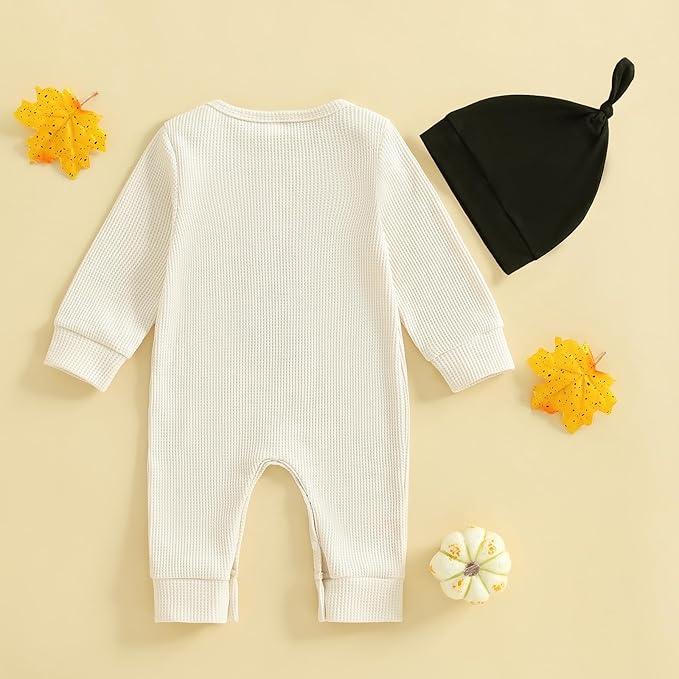 Newborn Infant Baby Boy Halloween Outfit Little Pumpkin Embroidery Romper Waffle Knit Long Sleeve Jumpsuit with Hat