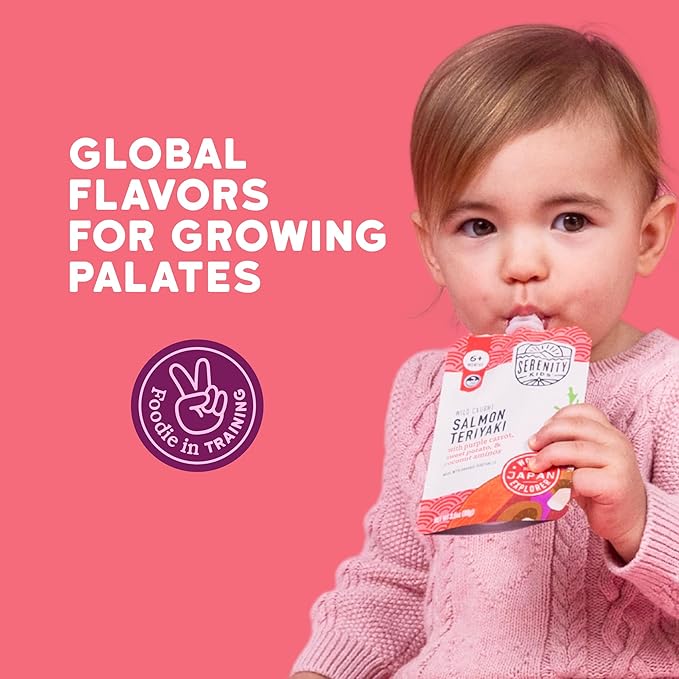 Serenity Kids + Months Baby Food Puree - Salmon Teriyaki Pouch, 3.5 oz, Pack of 6-5g Protein DV Wild-Caught Salmon Snacks - Nutrient-Packed Organic Baby Food Pouches - No Sugar Added Toddler Snack