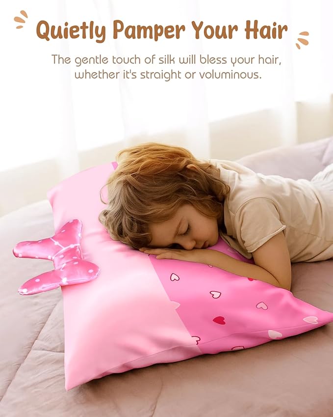 Toddler Pillowcases 13"x18" for Kids - Cute Cartoon Soft Breathable Silk Pillow Cases for Hair and Skin with Hidden Zipper for Girls Fun Kawaii Design for Bedding, Point Bow