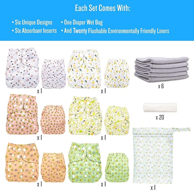 Simple Being Reusable Cloth Diapers, Double Gusset, One Size Adjustable, Washable Soft Absorbent, Waterproof Cover, Eco-Friendly Unisex Baby Girl Boy, six 4-Layers Microfiber Inserts (Bugs)
