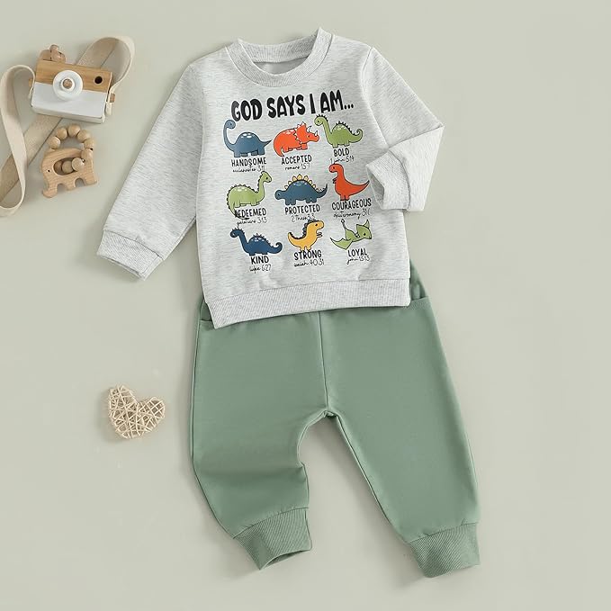 Nyapruwe Toddler Baby Boy Fall Outfit Funny Print Long Sleeve Sweatshirt Joggers Pants Set Kids Warm Winter Clothes