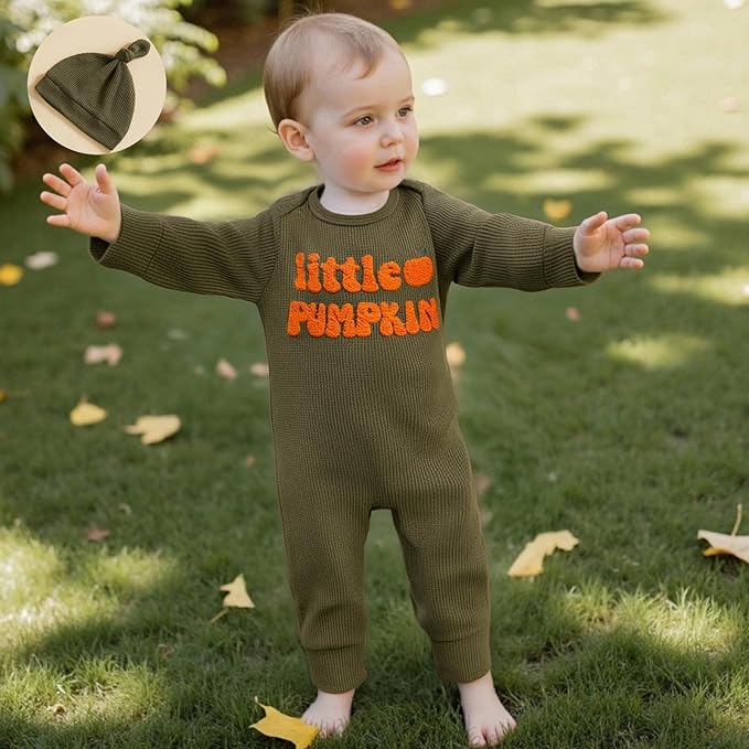 Newborn Infant Baby Boy Halloween Outfit Little Pumpkin Embroidery Romper Waffle Knit Long Sleeve Jumpsuit with Hat
